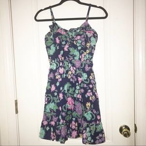 Tropical Floral Navy Blue Pink Purple Ruffle Dress